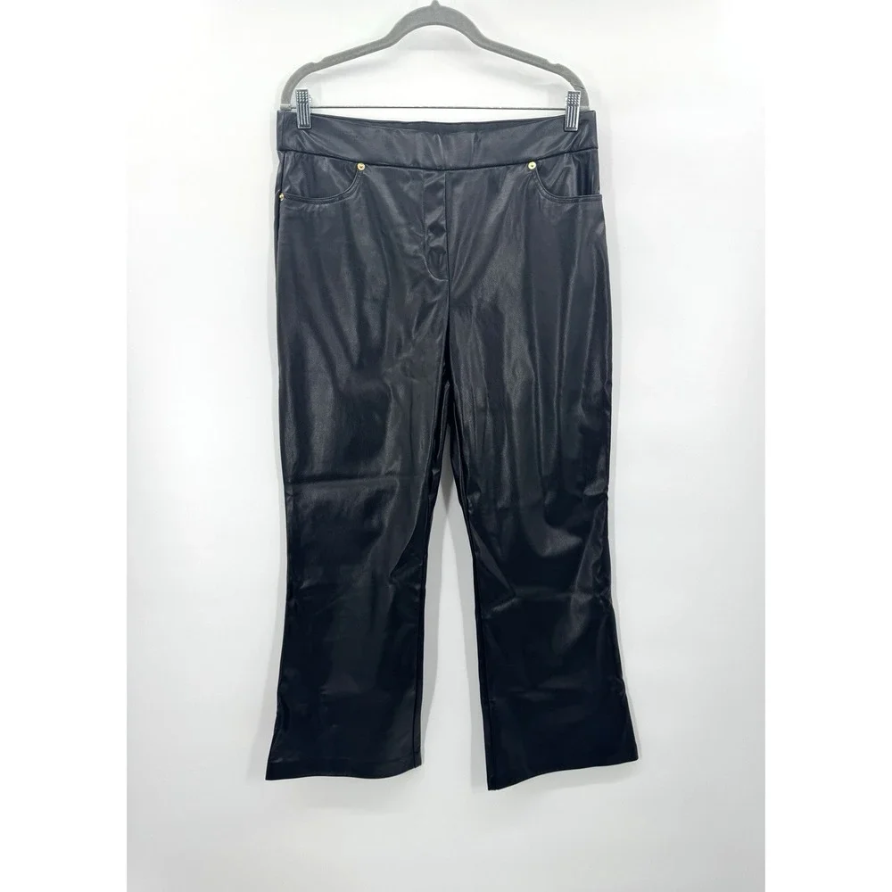 Women Faux Leather Pants Large High Rise Crop Flare Pull On Stretch Comfort Chic